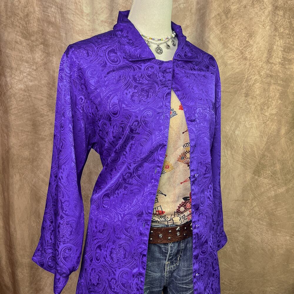 Satin Paisley Button Up Shirt Purple Brocade Blouse Vintage 80s Romantic Moods